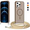 Olgary Cover Magnetica per iPhone 12 Pro Max con Cordino, Compatibile con Magsafe, Traslucida Opaca Hard PC Sottile Antiurto Protettiva Case, Custodia con Laccio Collana Tracolla Corda, Khaki