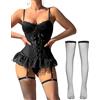 FEOYA Set di lingerie da donna sexy body pizzo babydoll con perizoma calze intimo 3 pezzi, Nero , S