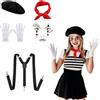 GWAWG Costume da clown da donna e uomo, in stile Pierrot con berretto nero, papillon rosso, guanti bianchi, adesivi e bretelle, per carnevale, Halloween, Carnevale, Carnevale