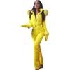 Generic Tuta intera da sci da donna, tinta unita, con cappuccio in pelliccia sintetica, aderente, con cerniera, per sport all'aria aperta, impermeabile, antivento, alla moda, tuta termica, Giallo, XL