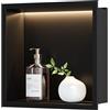 Neohomee Nicchia doccia a parete in acciaio inox con luce LED, nicchia doccia ad incasso nera, semplice ripiano per bagno, 30x30 cm
