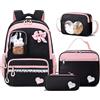 Amythe Zaino Scuola Elementare Bambina, 4 Pezzi Zaini Traspiranti con Borsa per il Pranzo Astuccio e Borsa a Tracolla, Zaino Ragazza alla moda per Scuola Primaria e Media, Nero Rosa
