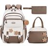 Amythe Zaino Scuola Elementare e Medie per Ragazze 9 10-14 Anni, Zaino Elementari Impermeabile con Ciondolo, 7 Tasche Set Scuola Zaini con Astuccio e Borsa Pranzo, Back to School, Marrone