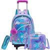 HTgroce Zaino Trolley Per Bambina, Set di 3 pezzi Zaino Trolley Ragazze Scuola Elementare Sirena Zainetto con Ruote Borsa Pranzo e Astuccio