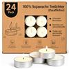 LETINE - 24 candele tealight, durata 4 ore, 100% cera di soia, tealight di soia, senza profumo, bianco, vegane, piccole candele di soia con coperchio in alluminio, per decorazioni di matrimoni e feste
