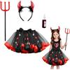 Superum Set di 4 costumi da diavoletto per bambini, costume di Halloween da bambina con gonna tutù da diavoletta con corna da diavoletta, cerchietto e sangue finto, rosso per Halloween, per carnevale