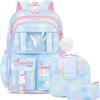Amythe Zaino Scuola Elementare Bambina 3 Pezzi, Zaini Bambina Kawaii Set di 6-12 anni con Cintura Toracica e Riflettente, Zainetto Ragazza per la Scuola Leggero e Impermeabile-Blu