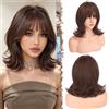 FESHFEN Parrucca Bob Ondulato con Frangia - Castano Rossiccio Parrucche Donna Capelli Naturali Sintetico Layered Wigs per Festa Carnevale, 35 cm
