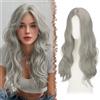 FESHFEN Parrucca Lunga Ondulata - Lace Front Parrucca per Donna Lunghe Ondulate Grigio Wigs Naturali Sintetici Capelli Parrucche Uso Quotidiano Festa, 60 cm