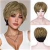 Sofeiyan Parrucca Corta Taglio Pixie,Parrucche da Donna Resistenti al Calore e Naturali con Frangia,Parrucca in Capelli Sintetici Biondo Miele con Sfumature Nere da 23 cm,Uso Quotidiano e le Feste