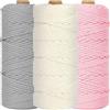 WINOK, 3 pezzi di filato macramè, 3 mm x 100 m, filo macramè colorato, filo di cotone naturale, filo di cotone, per piante da parete, artigianato, bianco, rosa chiaro, grigio chiaro