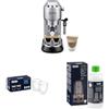 De'Longhi Dedica EC 685.M Macchina per caffè espresso portafiltro, Argento + Bicchiere per caffè espresso isolato Set di 2 + Decalcificante | Anticalcare universale per 4 cicli di disincrostazione