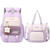 Amythe Zaino Ragazze Scuola Media, Set di Zaini Scuola da Elementare per Bambine con Borsa, Zainetto Casual Kawaii per Adolescenti con Ciondoli per Viaggi, Campeggio, Shopping, Viola