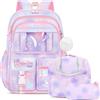 Amythe Set 3 in 1 Zaino Ragazza con Sacca Pranzo Astuccio | Scuola Bambini Set 3 Pezzi Zaino Cintura Riflettente Carino Impermeabile 26L Viola