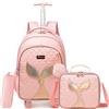 HTgroce 3pcs Zaino Scuola Bambino Trolley,Zaino Trolley Zainetto Ragazza Con Ruote Regolabile Pull Rod per Scuola Viaggio