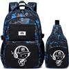 LEDAOU Zaino per la scuola per bambini, per la scuola, per ragazzi e ragazze, con borsa per il pranzo, per la scuola elementare, Graffiti Blu, M