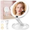 SURFOU Specchio Trucco con Luci LED Ricaricabile USB, 1500mAh Pieghevole Portatile Doppia Faccia 1X/20X, 3 Modalità Luce Regolabile Touch Memoria, Ideale per Make up Bagno e Viaggio