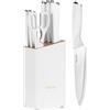 hecef set di 7 di pezzi coltelli con ceppo in legno e forbici da cucina, manico speciale curvo, Set di coltelli acciaio inox per chef e appassionati di cucina, bianco