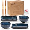 Urban Lifestyle Set Sushi per 2 Persone Set Piatti Sushi in Ceramica Blu Marino con Smalto Reattivo, 2 Piatti, 2 Ciotole per Riso Sushi e Zuppa Miso, 2 Paia Bacchette Sushi Bambù MISAKI (Blu Marino)