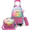 HTgroce Zaino Trolley Per Bambina Ragazze Scuola Elementare Zainetto con Ruote Borsa Pranzo e Astuccio