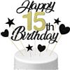 Conruich Decorazione per Torta di Compleanno 15 anni Ragazzo Ragazza, Cake Topper Happy 15th Birthday Oro Nero, Torta Stella Cuore Nero per Decorazione Festa 15 anni Compleanno Ragazza Ragazzo