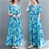Donna Cotone Lino Fiore Stampa Sciolto Abito Lungo Manica Corta Tasca Stile Boho