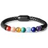 COAI Bracciale da Uomo e da Donna in Pelle Intrecciata con Perle Mala Naturali Sette Chakra, Bracciale con Chiusura Magnetica in Acciaio Inox Taglia M
