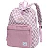 VASCHY Zaino Unisex in Velluto a Coste, Leggero Zaino Scuola Media e Elementare con Tasche Multiple e Scomparto Imbottito per Laptop 15,6 pollici Quadri Rosa e Bianco