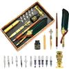 Joyeee Set di penne a forma di piuma d'epoca, con ceralacca, timbro di cera, penna fatta a mano, buste, pennino per immersione, confezione regalo retrò, bel regalo di compleanno, verde scuro