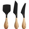 hecef Set di 3 coltelli da formaggio, lame in acciaio inox con rivestimento antiaderente nero, manici antiscivolo effetto legno, per formaggi morbidi e duri, tagliere di charcuterie e aperitivo