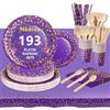 Nkaiso 193 Pcs Viola Oro Piatti di Carta Stoviglie per Feste -24 Ospiti | Piatti Usa e Getta Eleganti Set Include Piatti Carta Bicchieri Tovaglioli, per Compleanno, Matrimonio, Party Decorazione