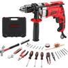 TEENO Trapano Elettrico a Filo 0-3000RPM,Trapano a Percussione Elettrico Filo 910 W, 37 Pezzi Cassetta Attrezzi Completa, Mandrino 13 mm, Pulsante di Velocità Variabile, Mattoni, Legno, Acciaio