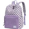 VASCHY Zaino Unisex in Velluto a Coste, Leggero Zaino Scuola Media e Elementare con Tasche Multiple e Scomparto Imbottito per Laptop 15,6 pollici Quadri Viola e Bianco