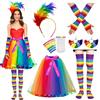 Ligtmor Gonna Tulle Arcobaleno Donna Gonna Tutu Donna Vestito Carnevale Arcobaleno con Copricapo di Piume Colorate, Calze al Ginocchio, Guanti Senza Dita, per Carnevale Cosplay Feste