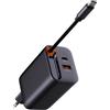 Generico Caricatore USB-C 65W con Cavo Retrattile - Alimentatore da Muro Fast Charge PD con 3 Porte (USB-C + USB-A), Spina EU, Ricarica Rapida per Laptop, Smartphone e Tablet - Compatto da Viaggio