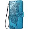 Dedux Portafoglio Custodia per Oppo A92/A52/A72, Cover per Custodia a Farfalla con Fiore di Rosa in Rilievo [Funzione Stand] [Slot Cart] [Chiusura Magnetica], Dotata di Cordino. Blu