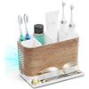 toprance Portaspazzolino famiglia grande, effetto legno, organizer per spazzolini da denti, con supporto per telefono e divisori regolabili, facile da pulire, 6 scomparti, con scarico per famiglia, bambini