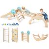 FANTASK Set di 4 telai da arrampicata 7 in 1 per interni, con scivolo, arco da arrampicata, rete, con rampa bifacciale, set di mattoncini e 2 auto, universo triangolo da arrampicata in legno, per
