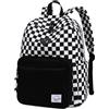 VASCHY Zaino Unisex in Velluto a Coste, Leggero Zaino Scuola Media e Elementare con Tasche Multiple e Scomparto Imbottito per Laptop 15,6 pollici Quadri Nero e Bianco