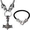 Halukakah Set Collana e Bracciale in Pelle Martello di Thor Vichingo - Collana 60cm + Bracciale Corda 21cm - Pendente in Acciaio Al Titanio Tono Argento Antico - Gioiello di Mitologia Norrena per Uomo