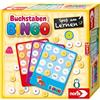 Noris Lettere Bingo - Facilissimo imparare l'ABC, con 6 lavagne bingo, 26 fette di lettere, 69 chip, sacchetto di stoffa e istruzioni in 4 lingue, gioco educativo a partire dai 4 anni in su