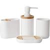 ZWJAJU zhanwang - Set con dispenser per sapone in bambù e altri accessori in legno e bambù: portasapone decorativo, bicchiere per lavare i denti e porta spazzolino (bianco)