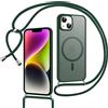 Doxxvai Cover con Cordino per iPhone 15, Custodia Magnetica per MagSafe, Antiurto & Protezione Fotocamera, Retro Opaco Semi-Trasparente, Tracolla Regolabile e Rimovibile, Verde Scuro