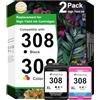 CRTBOTW 308XL Cartucce d'inchiostro per HP 308 per HP Envy 6110e 6120e 6122e 6130 6132e 6532e (1 nero, 1 colore)