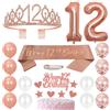 Huture Fascia per il 12° compleanno, corona da principessa, diadema con strass, decorazione per torta con numero 12, palloncini a elio, palloncini in lattice oro rosa, decorazione per 12 anni, decorazione