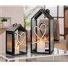 GILDE Set di 2 lanterne a forma di cuore in vetro e metallo, altezza 32 cm, nero opaco, scanalate, a forma di casa, motivo a cuore