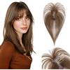 SEGOHAIR Extensioni Capelli Naturali per Donne con Frangia Sfoggiata - Toupet Capelli 7x11 cm per Capelli Radi con Copertura 3D 360° e Base Cucita a Mano 14g Castano Medio