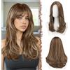FESHFEN Lace Front Parrucca - Parrucca Donna con Frangia Natuaral Ondulata Castano Misto Biondo Wigs Sintetici Lunga Parrucche per Quotidiano Carnevale Festa, 45 cm