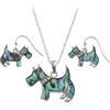 Kiara Jewellery - Set di ciondolo a forma di cane scozzese, intarsiato con conchiglia di abalone blu verdastro naturale, su catenina da 45,7 cm, con orecchini placcati in rodio ipoallergenici.