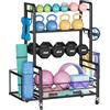NEYCIL Rastrelliera per manubri, 4 ripiani, per casa, palestra, con 4 ruote, cestino laterale, grande supporto per manubri per kettlebell, attrezzi da yoga, attrezzatura per allenamento della forza